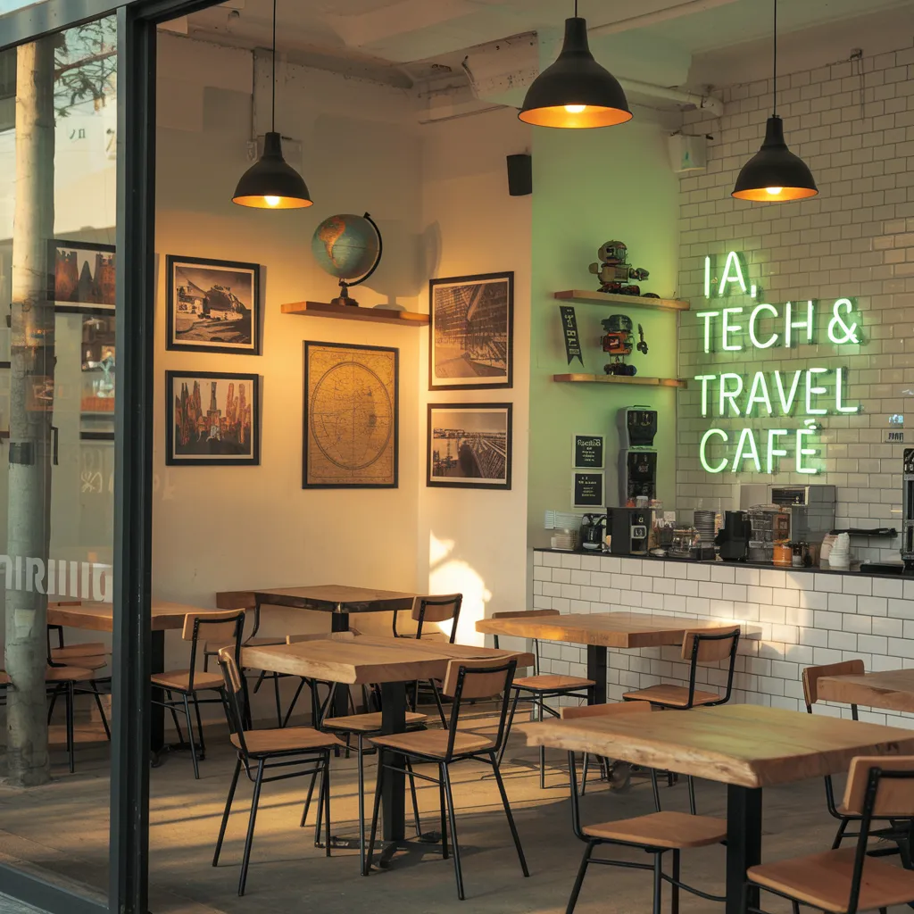 Vue intérieure du Café – espace chaleureux et inspirant, avec logo IA, Tech & Travel Café (réalisée avec l'IA)