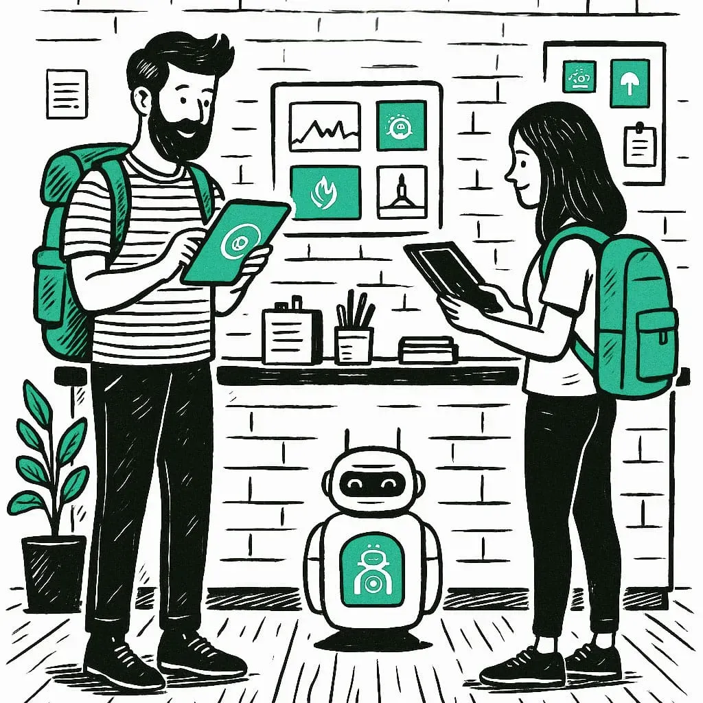 Illustration de discussion autour de l’IA, loin du jargon technique – IA, Tech & Travel Café